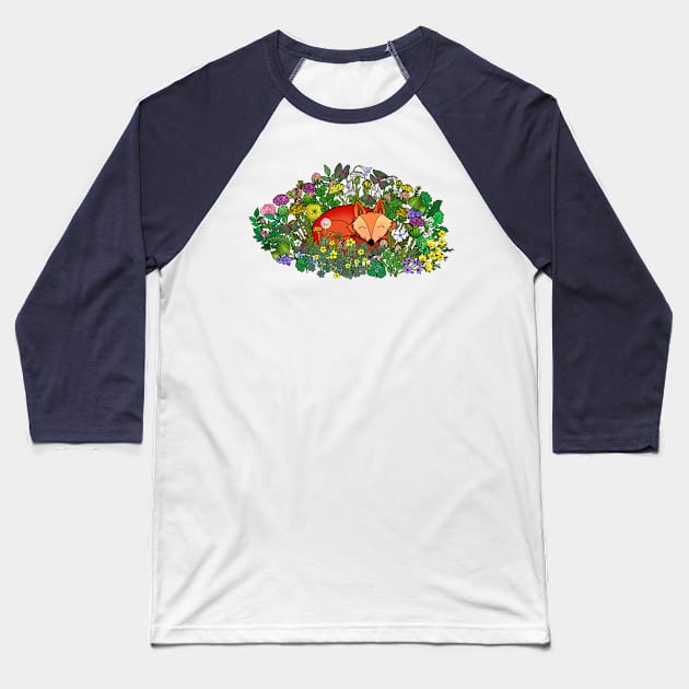 Sleepy Fox In a Wildflower Meadow Baseball T-Shirt by IrishViking2